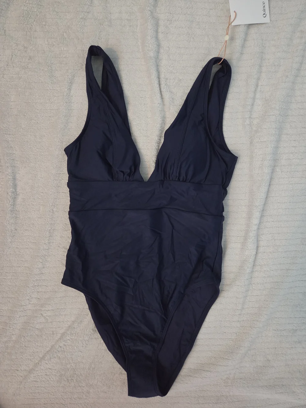 Quince Navy V-Neck One-Piece Swimsuit Italian Plunge Medium
